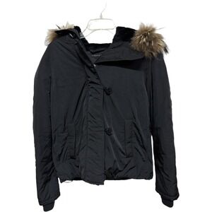 Theory Fur Hood Puffer Jacket Black Stretch Cotton Size Medium Thick Lined